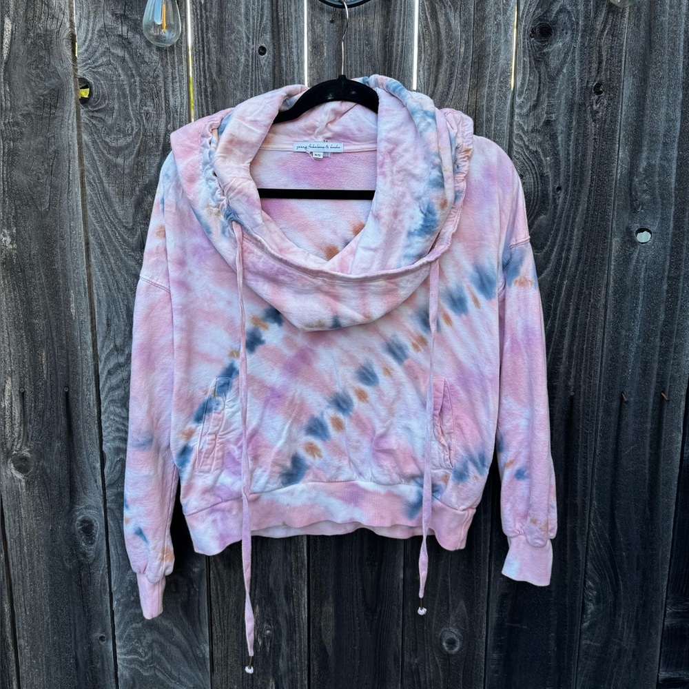 Young Fabulous and Broke Pink Blue White Tie Dye Crowl Neck Hoodie size XS